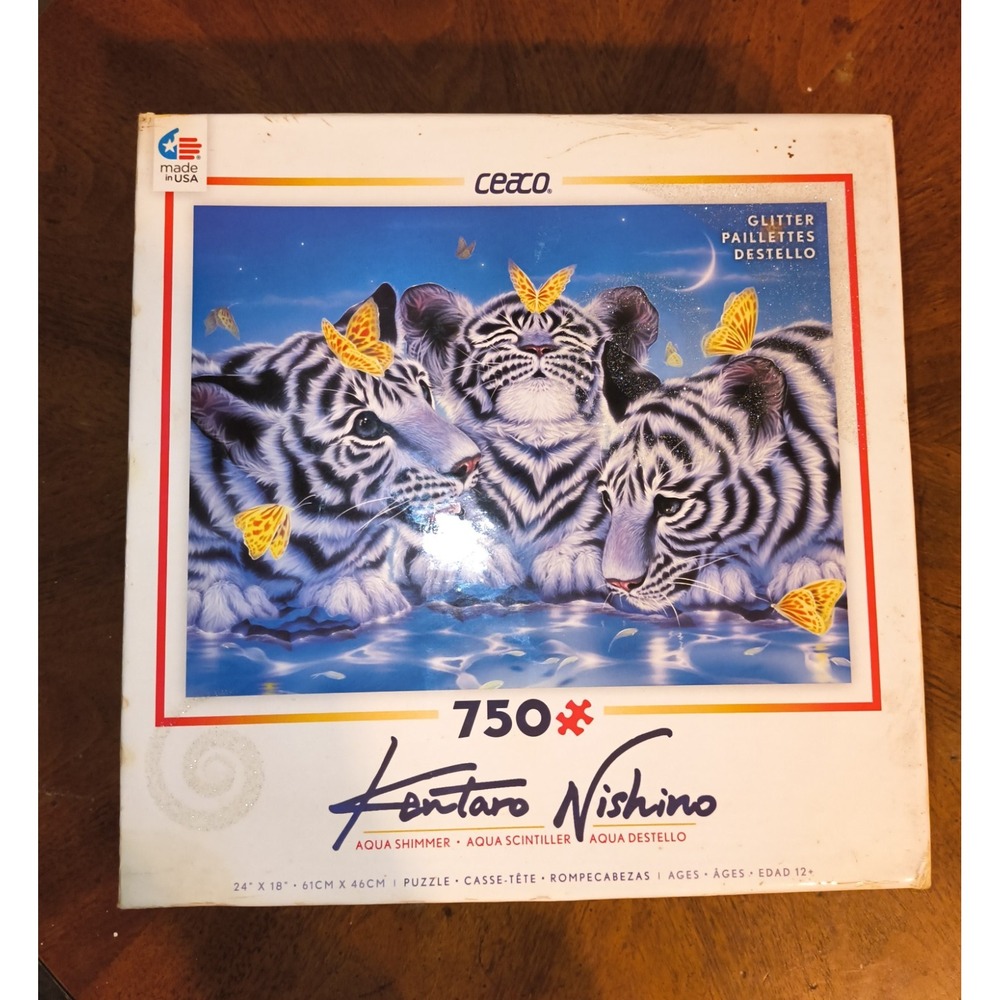 NEW Ceaco Aqua Shimmer Glitter 750 Pc Jigsaw‎ Puzzle Nishino Snow Tiger Open Box